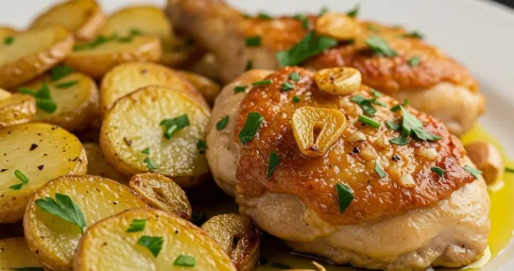Pollo al ajillo con patatas panadera
